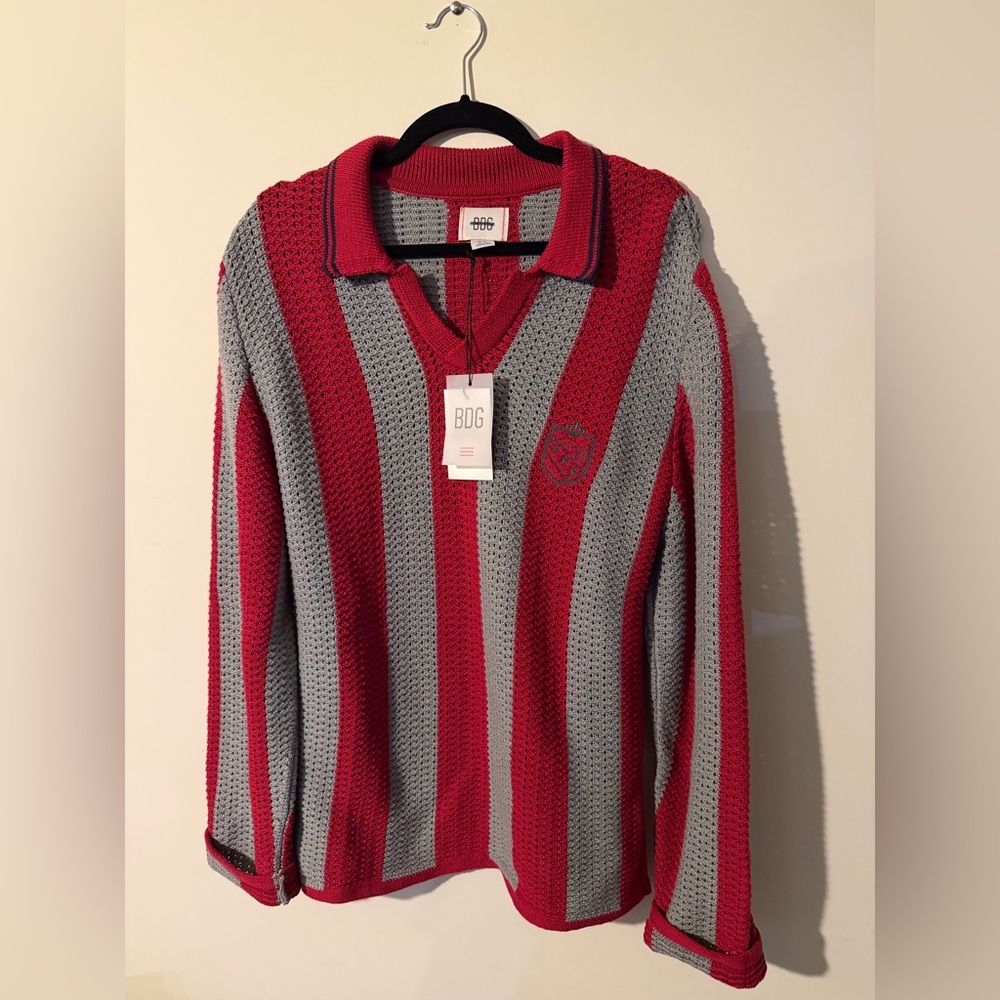 BDG Red and Gray Knit Polo Sweater